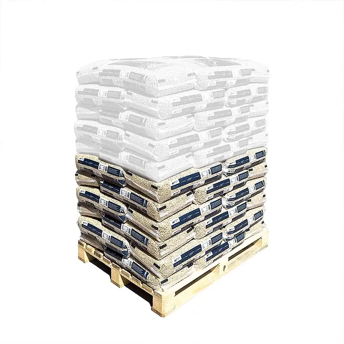 HOLZBRX Holzpellets Nadelholzpellets ENplus A1 (66 x 15kg Sack) 990kg netto - 990 kg - Gestapelte Säcke mit hellen Holzpellets auf einer Holzpalette.
