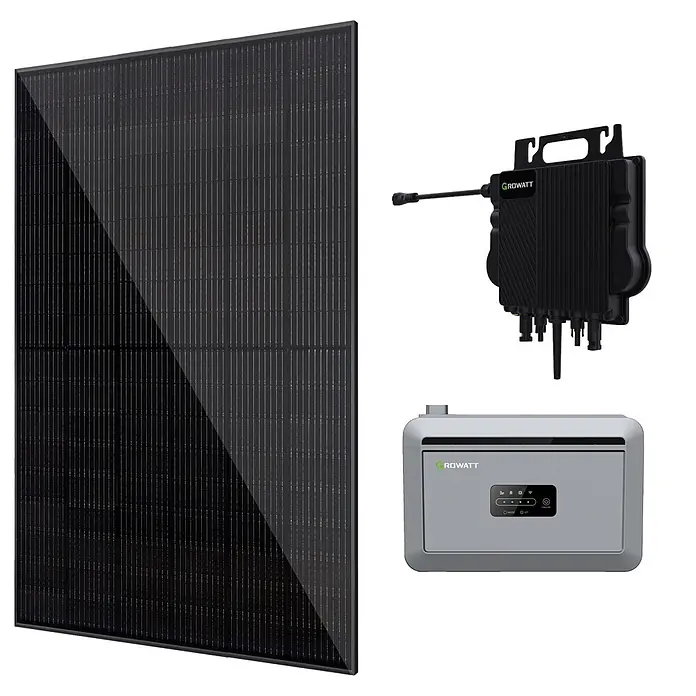 Solarmodul-Set HT54-18X(ND)-F - 0% MwSt. (gem. § 12 Abs. 3 UStG) - Nennleistung: 450 W, L x B x H: 3 x 113,4 x 172,2 cm, 1 Stk. - Schwarzes Solarpanel, schwarzer Growatt Mikro-Wechselrichter und grauer Growatt Wechselrichter, wesentliche Bestandteile eines Photovoltaiksystems.