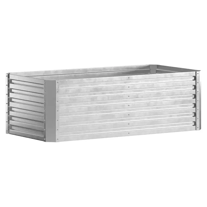 Hochbeet - 184 x 90 x 60 cm, Metall - Rechteckiges silbernes Hochbeet aus verzinktem Stahl mit geriffelten Seiten und sichtbaren Befestigungen.