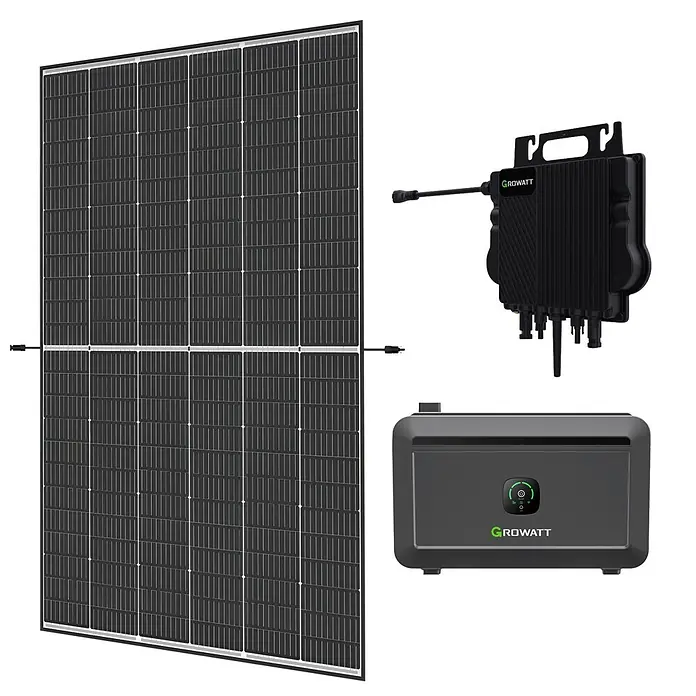 Trina Solarmodul-Set TSM-465 NEG9RC.28 - 0% MwSt. gem. § 12 Abs. 3 UStG - Nennleistung: 465 W, L x B x H: 176,2 x 113,4 x 3 cm, 1 Stk. - Schwarzes Solarpanel und zwei schwarze Growatt Solarwechselrichter.