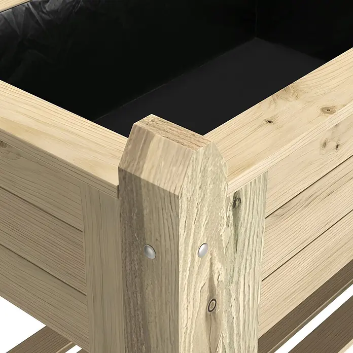 Promadino Hochbeet - 90 x 60 x 84,5 cm, Holz, Natur - Hochbeet aus hellem Holz mit schwarzer Folie, schräge Ansicht des Eckpfostens.