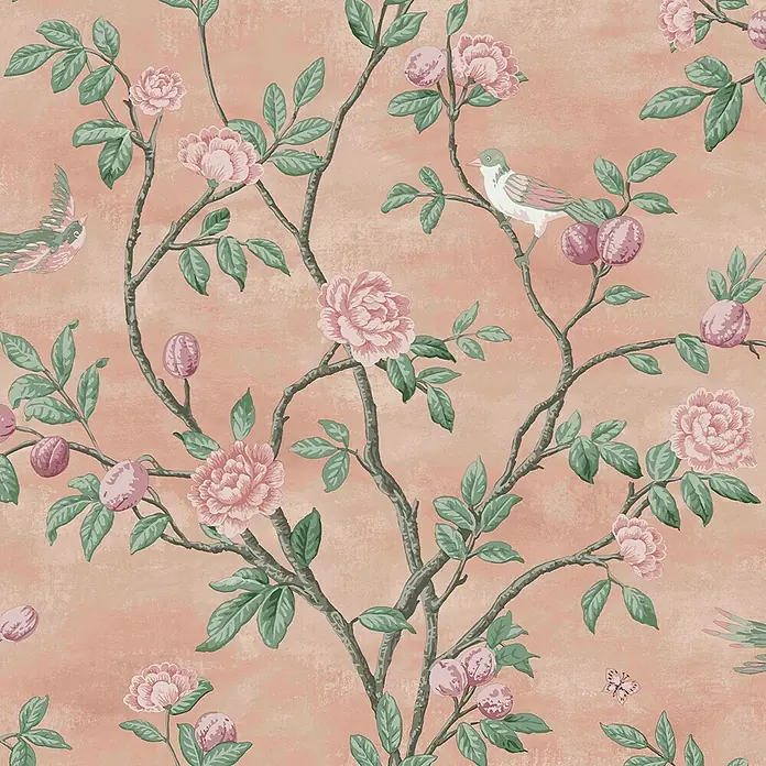 Laura Ashley Vliestapete Hagebuttenspur - Rosa, Floral, 1.000 x 52 cm - Chinoiserie-Muster mit rosa Blüten, grünen Blättern, violetten Früchten und Vögeln auf pfirsichfarbenem Hintergrund.