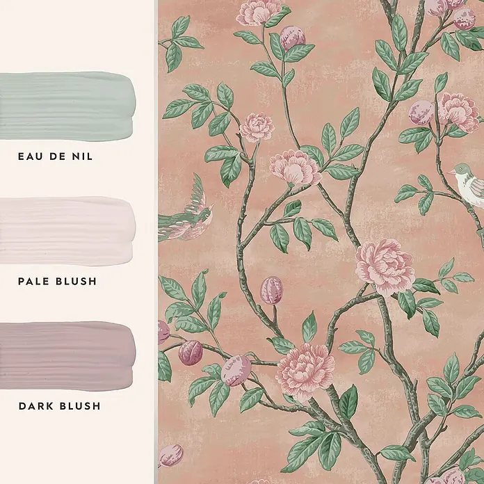 Laura Ashley Vliestapete Hagebuttenspur - Rosa, Floral, 1.000 x 52 cm - Blumentapete mit Vögeln, rosa Blüten, grünen Blättern und passenden Farbmustern in Mint, Hellrosa und dunklem Rouge.