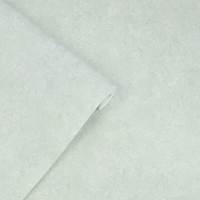 Laura Ashley Vliestapete Vliestapete Brindley - Blau, Uni, 10 x 0,52 m - Hellgrüne Tapete mit dezentem Used-Muster, teilweise abgerollt dargestellt.