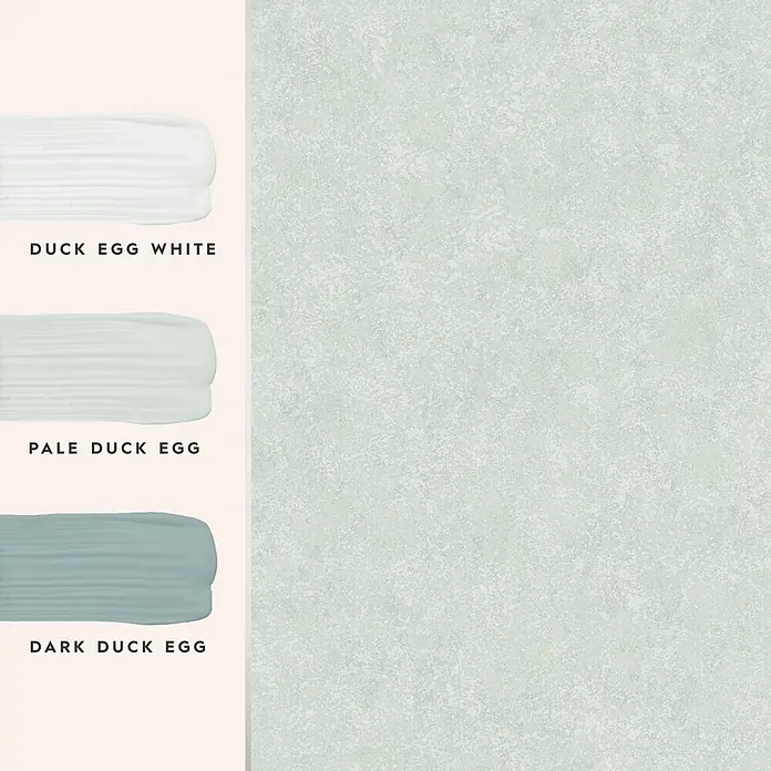 Laura Ashley Vliestapete Vliestapete Brindley - Blau, Uni, 10 x 0,52 m - Drei Duck Egg Farbmuster: Weiß, Hell und Dunkel, neben einer strukturierten Fläche in einem hellen Duck Egg Ton.