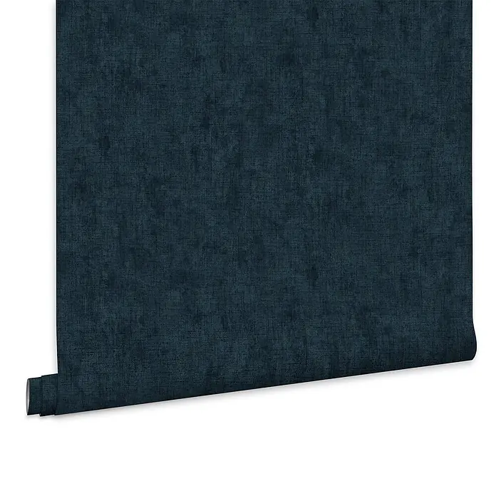 Laura Ashley Vliestapete Uni - Blau, Uni, 1.000 x 52 cm - Dunkelblaue strukturierte Tapete in Leinenoptik, teilweise abgerollt.