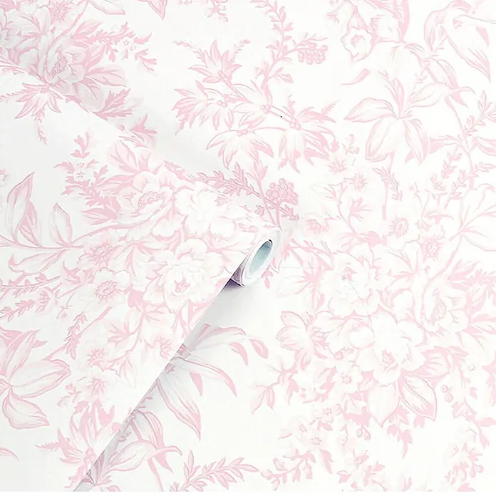 Laura Ashley Vliestapete Vliestapete Picardie - Rosa/Weiß, Floral - Helle rosa Tapete mit Blumenmuster, teilweise abgerollt.