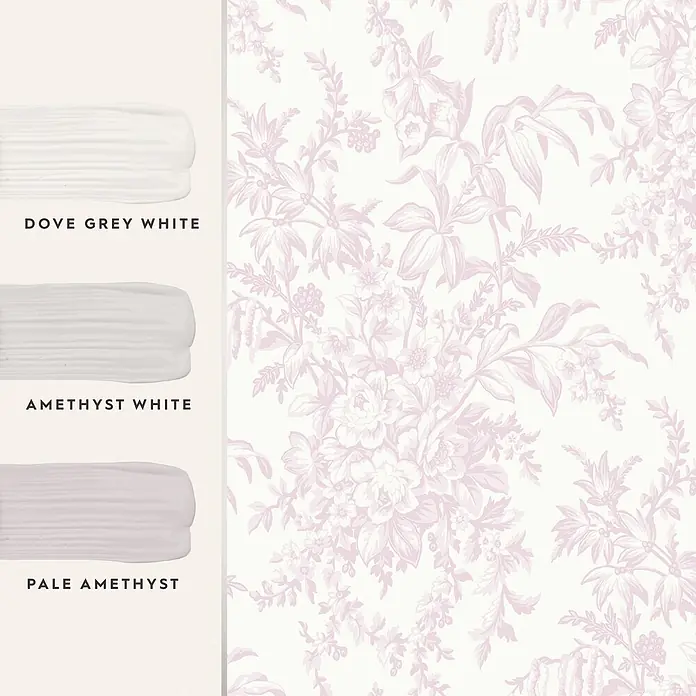 Laura Ashley Vliestapete Vliestapete Picardie - Rosa/Weiß, Floral - Drei Farbmuster (Dove Grey White, Amethyst White, Pale Amethyst) passend zu einer blassrosa Blumentapete.