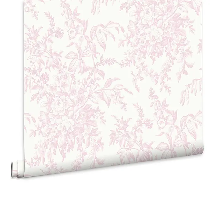 Laura Ashley Vliestapete Vliestapete Picardie - Rosa/Weiß, Floral - Rolle rosa geblümter Tapete, teilweise abgerollt, um das zarte Design zu zeigen.