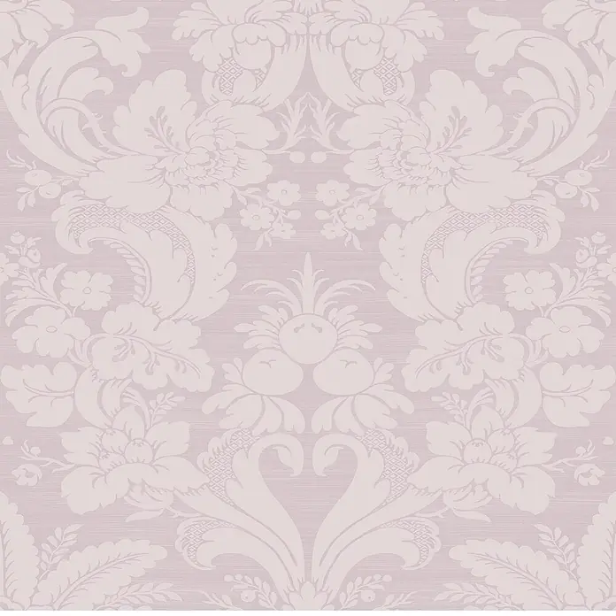 Laura Ashley Vliestapete Vliestapete Martigues Damast - Lila/Violett, Floral, 10 x 0,52 m - Elegante Damasttapete mit großflächigem Barock-Blumen- und Blattmuster in Helllavendel und Cremeweiß.