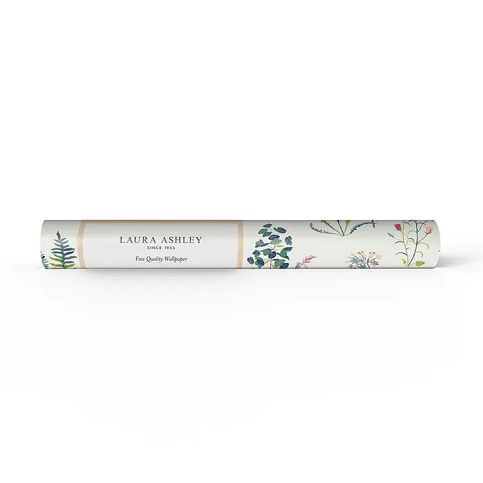 Laura Ashley Vliestapete Meadowvale - Lila, Floral, 1.000 x 52 cm - Laura Ashley Tapetenrolle mit botanischem Blumenmuster und Markenetikett.