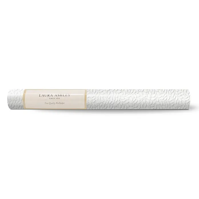 Laura Ashley Vliestapete Vliestapete überstreichbar kleine Weinreben - Weiß, Floral - Weißer Laura Ashley Tapetenrolle mit feinem Blattmuster und beigem Etikett.