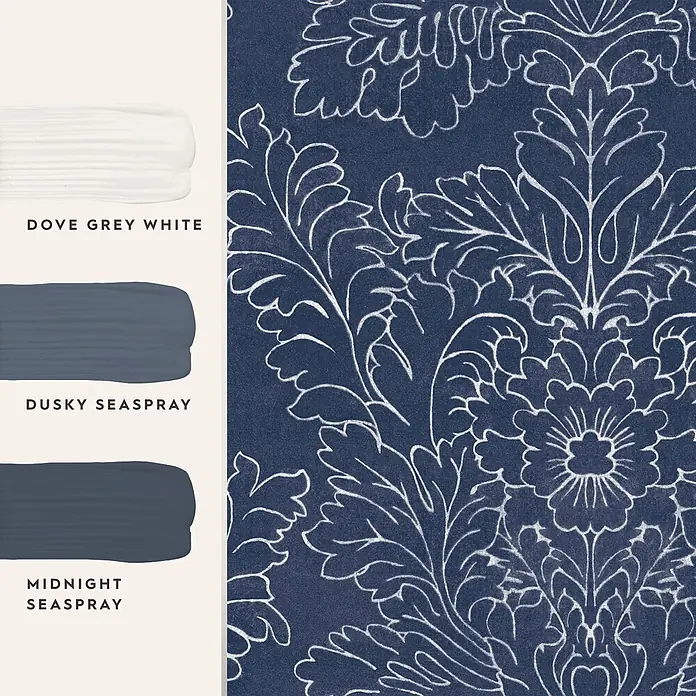 Laura Ashley Vliestapete Silchester - Blau, Floral, 1.000 x 52 cm - Blaue Blumentapete mit weißem Muster, kombiniert mit passenden Farbmustern in Weiß, dunklem Blau und Mitternachtsblau.