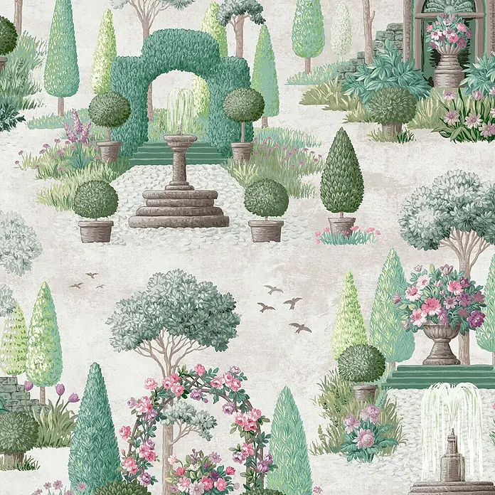 Laura Ashley Vliestapete Vliestapete Naunton Folly - Grün, Floral, 10 x 0,52 m - Illustriertes Garten-Tapetenmuster mit Formschnitten, Brunnen, Bögen und Blumen in gedämpften Grün- und Rosatönen.