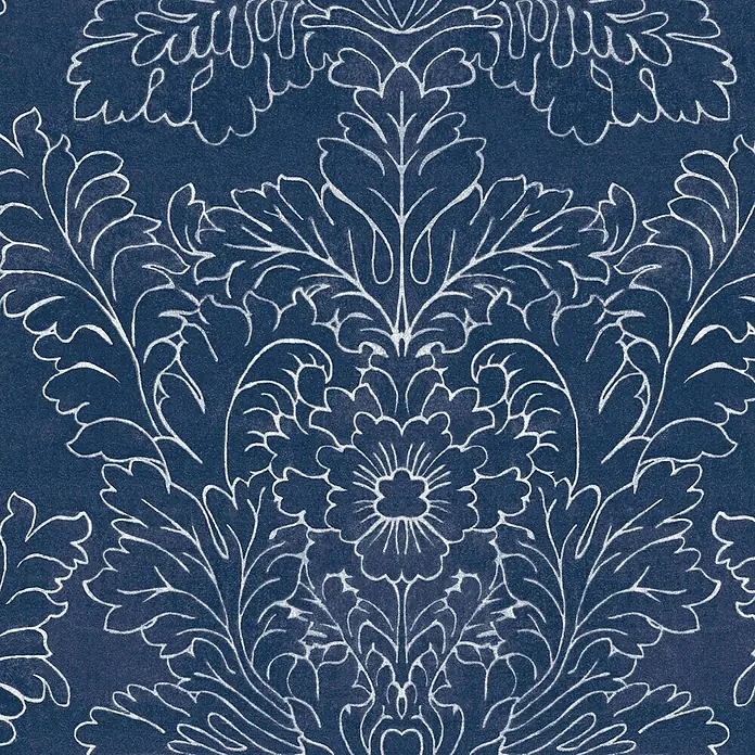 Laura Ashley Vliestapete Silchester - Blau, Floral, 1.000 x 52 cm - Strukturierte dunkelblaue Tapete mit einem verzierten weißen Damast-Blumenmuster.