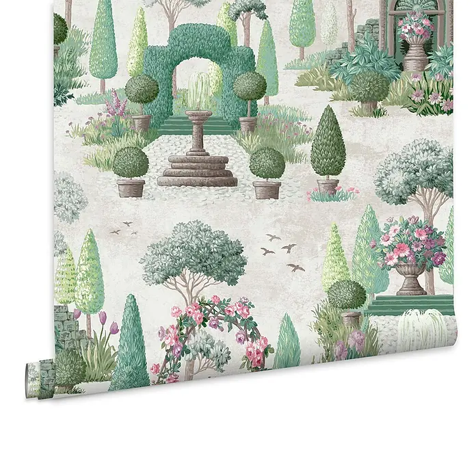 Laura Ashley Vliestapete Vliestapete Naunton Folly - Grün, Floral, 10 x 0,52 m - Eine Tapetenrolle mit einem verspielten Gartenmotiv aus grünen Formschnitten, Blumen und Brunnen.