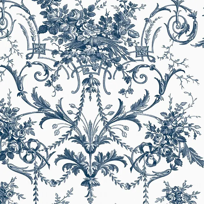 Laura Ashley Vliestapete Tuileries Französisch - Blau, Floral, 1.000 x 52 cm - Aufwendiges blau-weißes Blumenmuster mit dekorativen Ranken und Sträußen im Vintage-Toile-Stil.