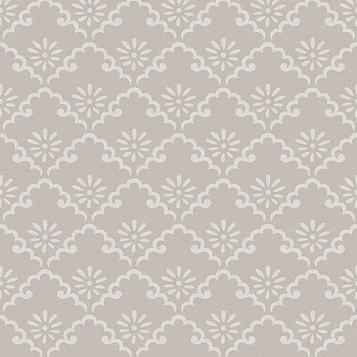 Laura Ashley Vliestapete Coralie - Grau, Floral, 1.000 x 52 cm - Strukturiertes hellbeiges Muster mit weißen gewellten Linien und Blumen.