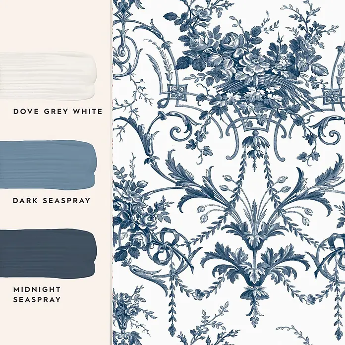 Laura Ashley Vliestapete Tuileries Französisch - Blau, Floral, 1.000 x 52 cm - Blau-weißes Toile-Blumentapetenmuster mit drei passenden Farbmusterstrichen: Weiß, Hellblau und Dunkelblau.