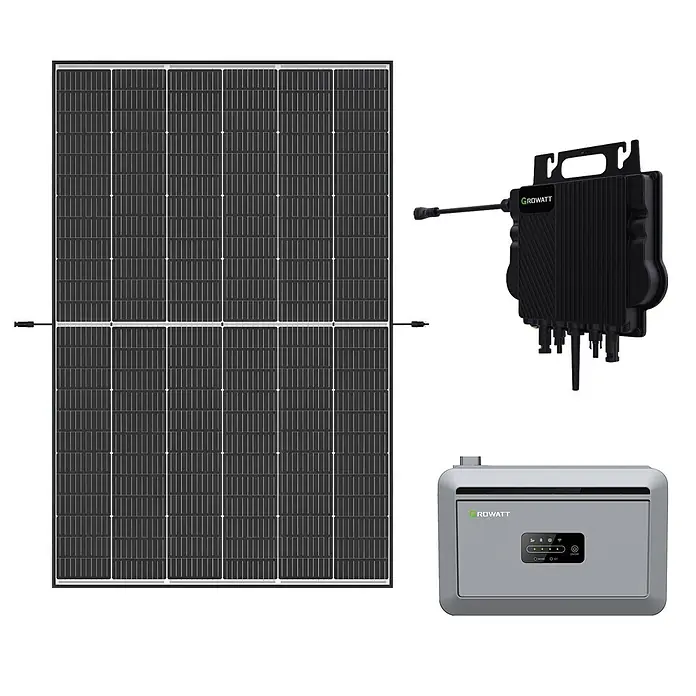 Trina Solarmodul-Set TSM-465 NEG9RC.28 - 0% MwSt. gem. § 12 Abs. 3 UStG - Nennleistung: 465 W, L x B x H: 176,2 x 113,4 x 3 cm, 1 Stk. - Schwarzes Solarpanel, schwarzer Growatt Wechselrichter und graue Growatt Speichereinheit.