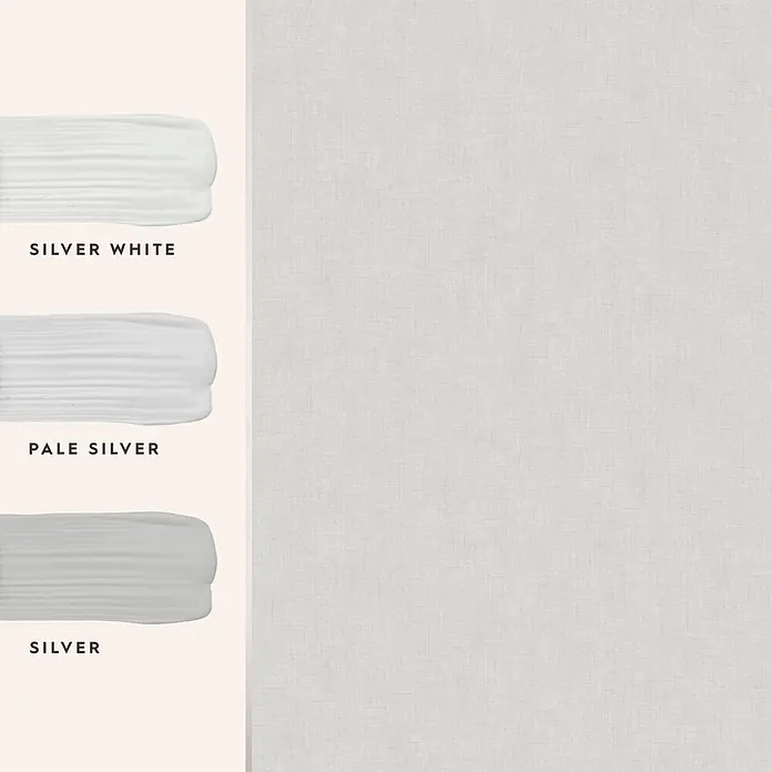 Laura Ashley Vliestapete Einfarbig - Silber, Uni, 1.000 x 52 cm - Drei silberfarbene Farbproben (Silver White, Pale Silver, Silver) neben einer hellgrauen, strukturierten Oberfläche.