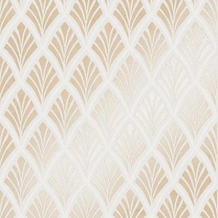 Laura Ashley Vliestapete Florin Art Deco - Gold, Floral, 1.000 x 52 cm - Beiges und cremefarbenes Art-Déco-Fächermuster mit stilisierten Muschelformen.