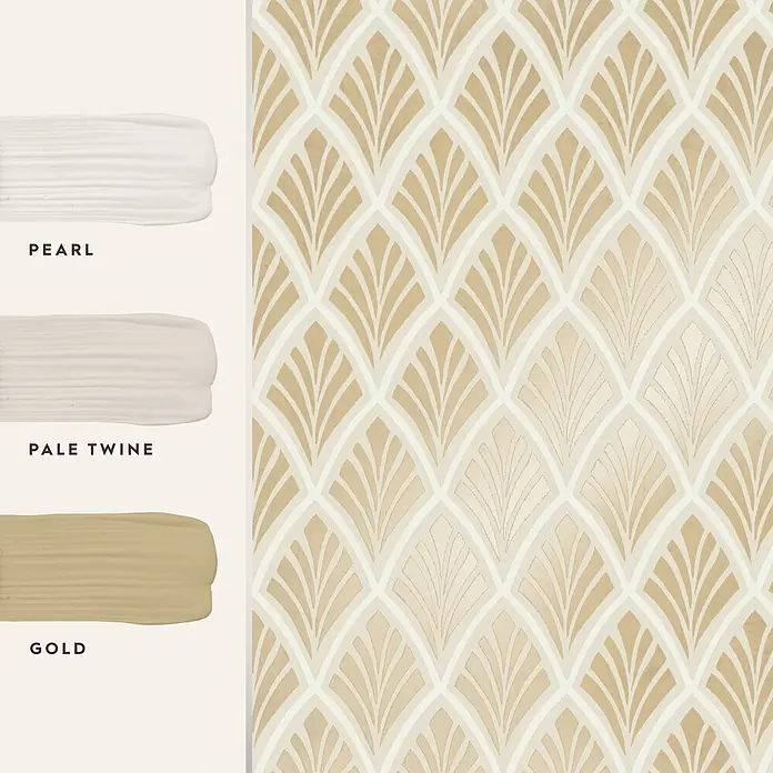 Laura Ashley Vliestapete Florin Art Deco - Gold, Floral, 1.000 x 52 cm - Drei Farbmuster (Perlweiß, Hellbeige, Gold) neben einem Art-Déco-Fächer-Tapetenmuster in ähnlichen Beige- und Goldtönen.