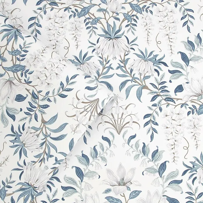 Laura Ashley Vliestapete Vliestapete Vintage Blumen - Blau/Weiß, Floral, 10 x 0,52 m - Florale Tapete mit blauen und weißen Blumen und Blättern.
