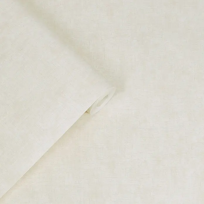 Laura Ashley Vliestapete Einfarbig - Grau, Uni, 1.000 x 52 cm - Helle beige Tapetenrolle mit dezenter Leinenstruktur, teilweise ausgerollt zur Ansicht des Musters.