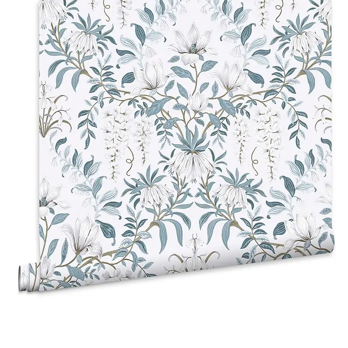 Laura Ashley Vliestapete Vliestapete Vintage Blumen - Blau/Weiß, Floral, 10 x 0,52 m - Tapetenrolle mit floralem Muster in Weiß- und Blaugrüntönen.