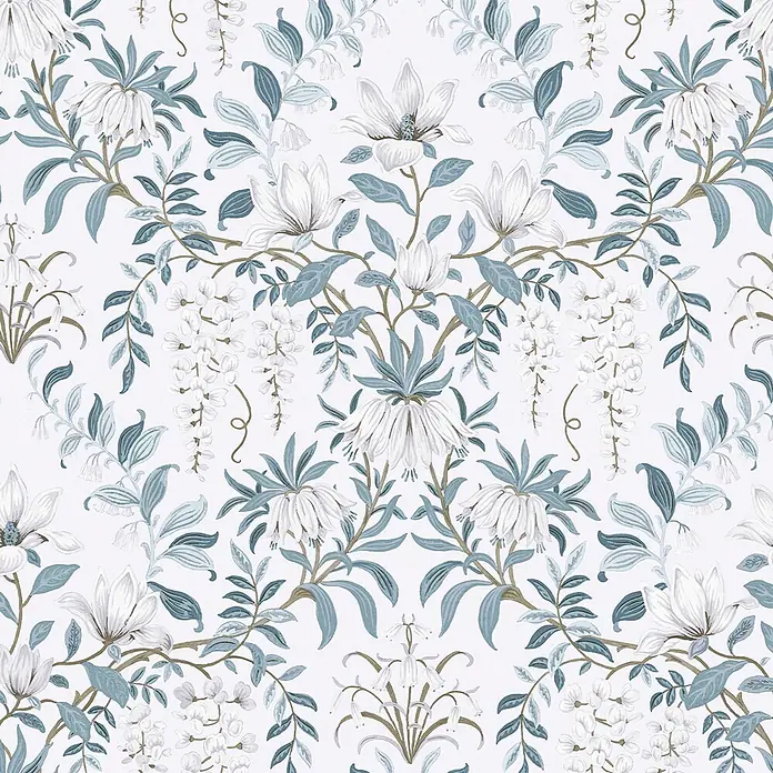 Laura Ashley Vliestapete Vliestapete Vintage Blumen - Blau/Weiß, Floral, 10 x 0,52 m - Nahtlose Tapete mit weißen Magnolien, Glyzinien und Glockenblumen, umrankt von blau-grünen Blättern und Ästen.