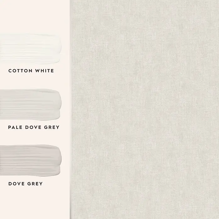 Laura Ashley Vliestapete Einfarbig - Grau, Uni, 1.000 x 52 cm - Drei Farbmuster: Cotton White, Pale Dove Grey und Dove Grey.