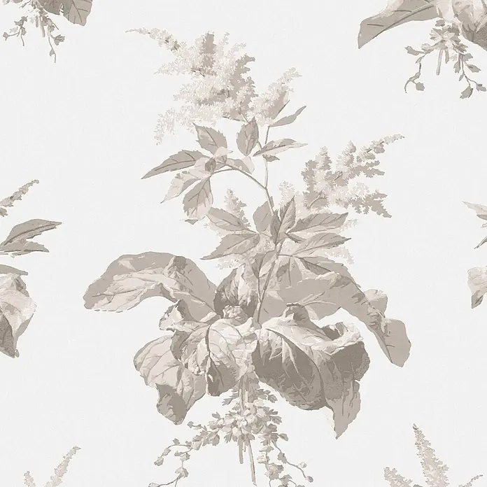 Laura Ashley Vliestapete Narberth - Grau, Floral, 1.000 x 52 cm - Nahtloses Muster aus stilisierten Pflanzen und Blumen in Beige und Hellbraun.