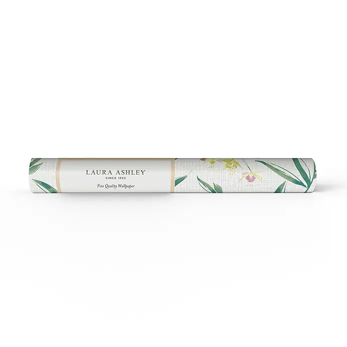 Laura Ashley Vliestapete Fuchsienblüten - Grau, Floral, 1.000 x 52 cm - Laura Ashley Feintapetenrolle mit dezentem Blumenmuster aus grünen Blättern und helllila-gelben Blüten.