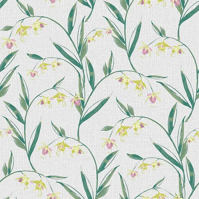 Laura Ashley Vliestapete Fuchsienblüten - Grau, Floral, 1.000 x 52 cm - Nahtloses Blumenmuster mit grünen Stielen, Blättern und hellgelben Blüten mit rosa Akzenten.