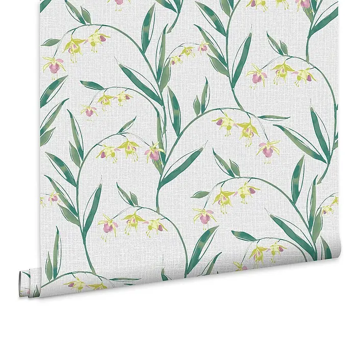 Laura Ashley Vliestapete Fuchsienblüten - Grau, Floral, 1.000 x 52 cm - Gerollte Tapete mit grünen Aquarellblättern und gelb-rosa Blüten auf hellem Strukturgrund.