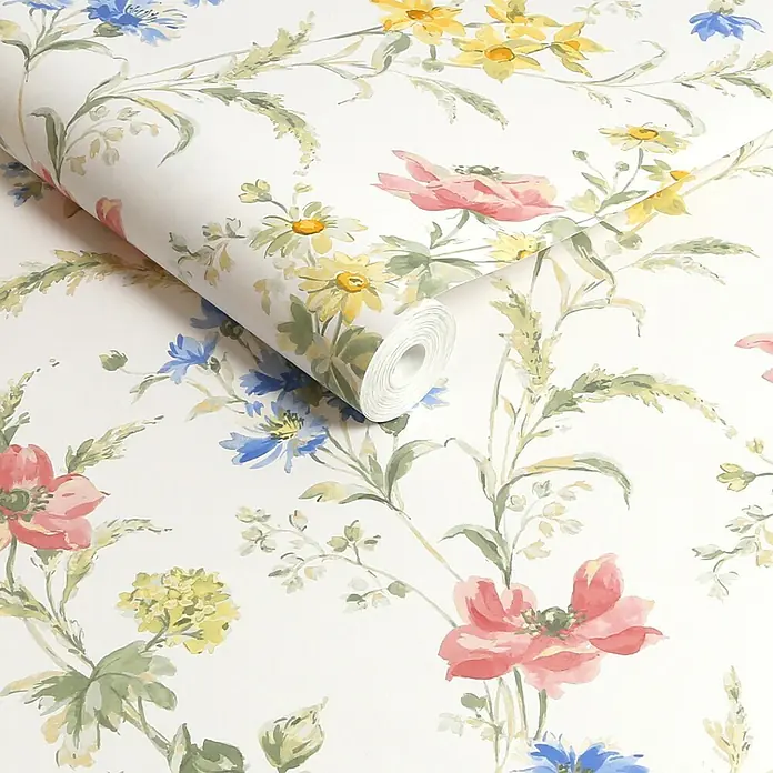 Laura Ashley Vliestapete Mohnwiese - Mehrfarbig, Floral, 1.000 x 52 cm - Eine Tapetenrolle mit floralem Aquarellmuster aus rosa, gelben und blauen Blüten und grünen Blättern.
