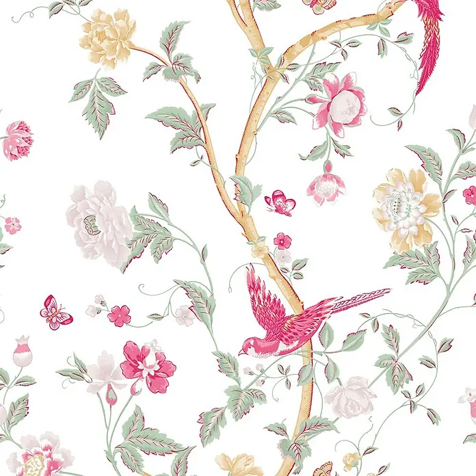 Laura Ashley Vliestapete Vliestapete Sommerpalast - Rosa, Floral, 10 x 0,52 m - Chinoiserie-Muster mit rosa und gelben Blumen, grünen Blättern, braunen Ästen, sowie rosa Vögeln und Schmetterlingen.