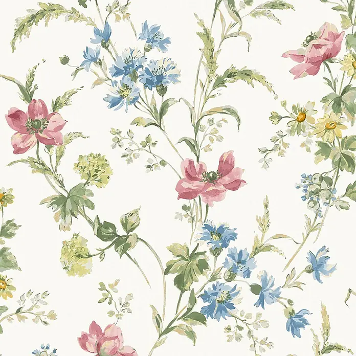 Laura Ashley Vliestapete Mohnwiese - Mehrfarbig, Floral, 1.000 x 52 cm - Nahtloses Blumenmuster in Aquarell mit rosa, blauen, gelben Blüten und grünem Laub.