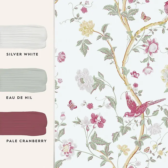Laura Ashley Vliestapete Vliestapete Sommerpalast - Rosa, Floral, 10 x 0,52 m - Farbpalette mit drei Farbmustern: Silver White, Eau de Nil, Pale Cranberry, passend zu einer floralen Vogel-Tapete.