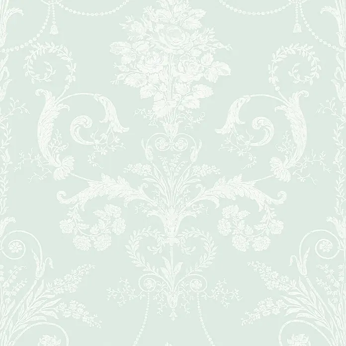 Laura Ashley Vliestapete Vliestapete Josette Damast - Blau, Ornament, 10 x 0,52 m - Hellgrüne Tapete mit weißem floralen Damastmuster.