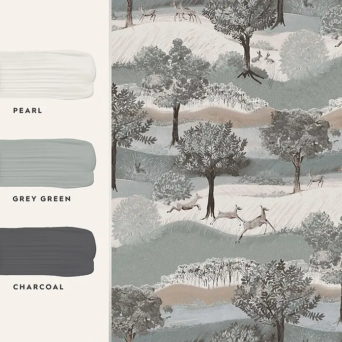 Laura Ashley Vliestapete Hartingdon - Grün, Ornament, 1.000 x 52 cm - Tapete mit graugrüner Waldszene, Rehen und Hasen, ergänzt durch eine Farbpalette aus Perlweiß, Graugrün und Anthrazit.