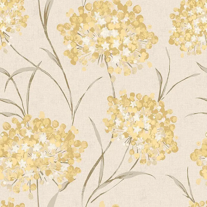 Laura Ashley Vliestapete Giselle Blumen - Gelb/Ocker, Floral, 1.000 x 52 cm - Cremefarbene Tapete mit Leinenstruktur, zeigt ein Muster aus stilisierten gelb-weißen Blumenbüscheln und fließenden taupefarbenen Stielen.
