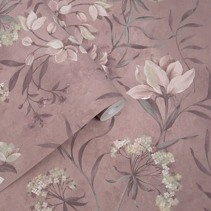 Laura Ashley Vliestapete Blairmore Blumen - Lila, Floral, 1.000 x 52 cm - Tapetenrolle in Altrosa mit zartem Blumenmuster in Rosa und Grün.