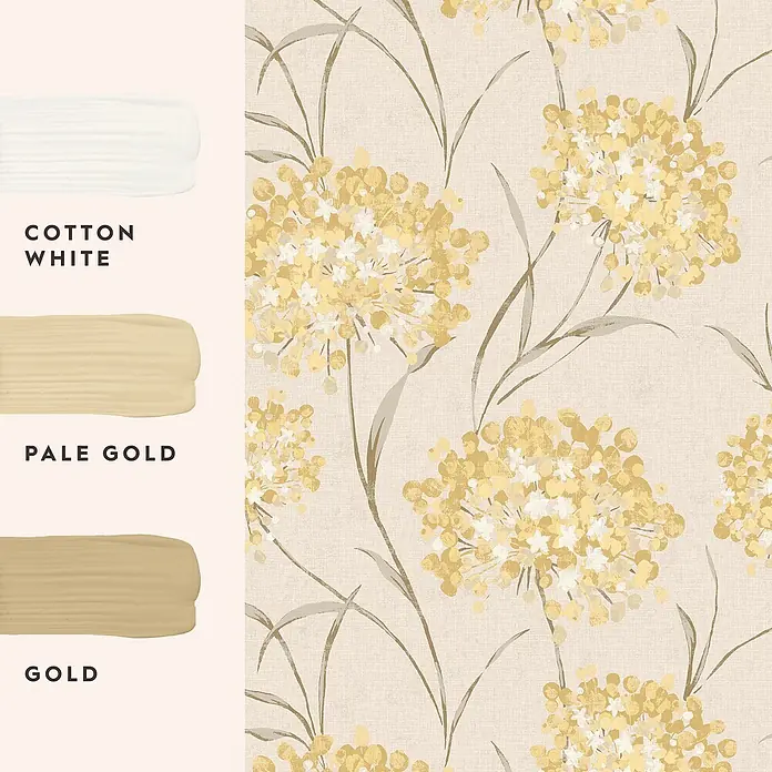 Laura Ashley Vliestapete Giselle Blumen - Gelb/Ocker, Floral, 1.000 x 52 cm - Blumentapete in Gold, Blassgold und Weiß mit grauen Stielen auf strukturiertem beigem Hintergrund, mit passenden Farbmustern gezeigt.