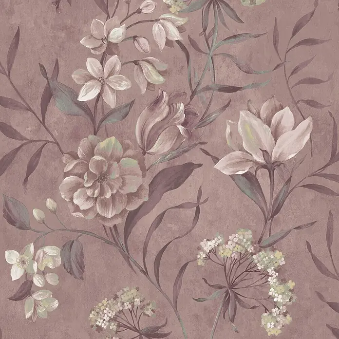 Laura Ashley Vliestapete Blairmore Blumen - Lila, Floral, 1.000 x 52 cm - Dekoratives gemaltes Blumenmuster mit gedeckten Blüten und Blättern in Beige, Lila und Grün auf strukturiertem Taupegrund.