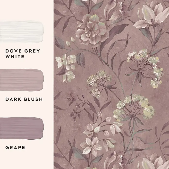 Laura Ashley Vliestapete Blairmore Blumen - Lila, Floral, 1.000 x 52 cm - Florale Tapete in Altrosa mit hellrosa, weißen, grünen und violetten Blüten. Mit Farbmuster: Dove Grey White, Dark Blush, Grape.