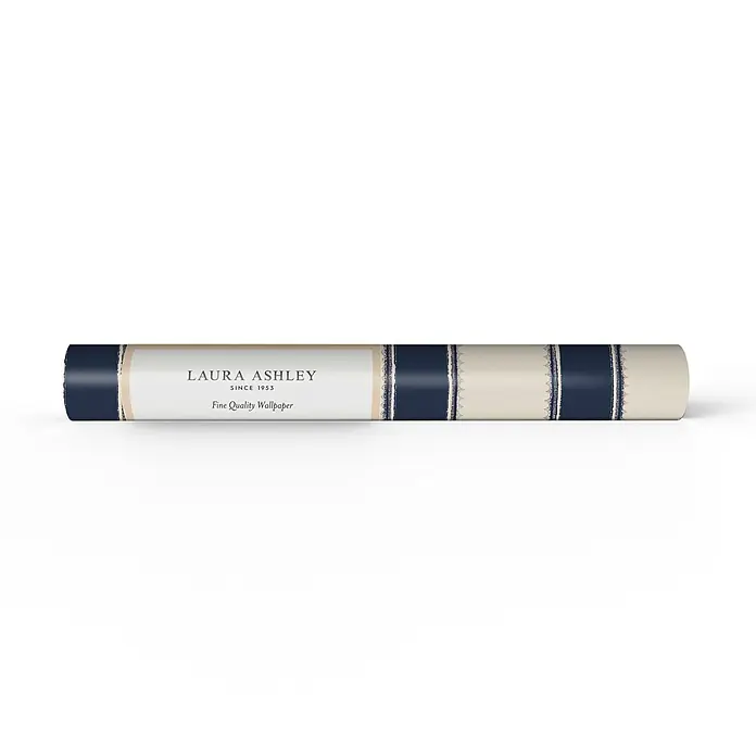 Laura Ashley Vliestapete Vliestapete Denwick - Blau, Ornament, 10 x 0,52 m - Laura Ashley Tapetenrolle: creme mit marineblauen Streifen und zarten gemusterten Rändern, feine Qualität.