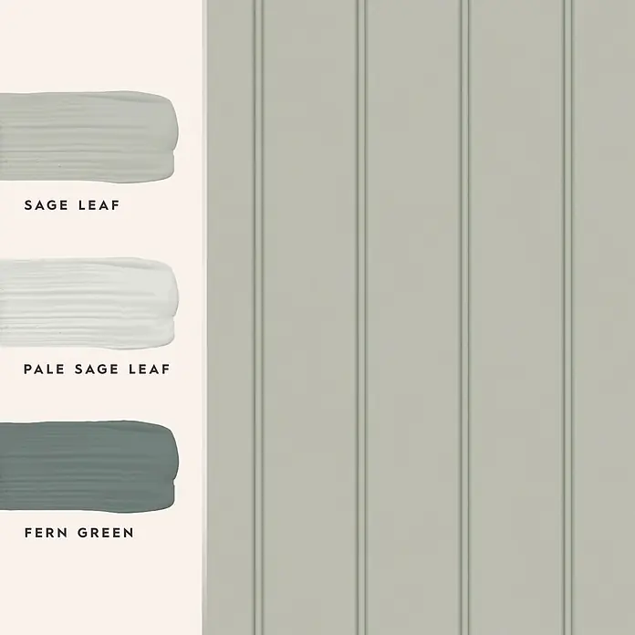Holzvertäfelung -  - Drei Farbmuster: „Sage Leaf“, „Pale Sage Leaf“ und „Fern Green“, neben einer passenden salbeigrünen Täfelung.