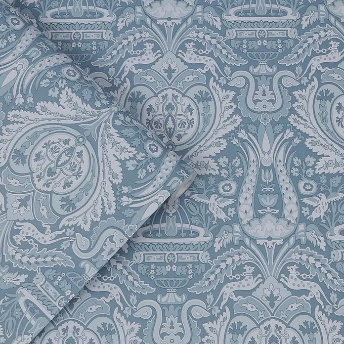 Laura Ashley Vliestapete Vliestapete Heraldic Damast - Blau, Sonstiges, 10 x 0,52 m - Blaue Tapete mit aufwendigem klassischen Muster mit Hirschen, Vögeln und floralen Urnen.